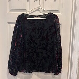 LOFT Womens‎ Floral Burnout Velvet Blouse Black Purple Long Balloon Sleeve Large